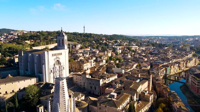 Aerial view of Girona, a city in Spain&rsquo;s northeastern Catalonia region, beside the River Onyar