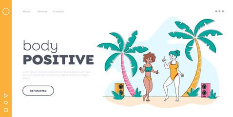 Fototapeta na wymiar Body Positive Landing Page Template. Young Girls Characters Wearing Swim Suits Dancing on Seaside at Summer Beach Party