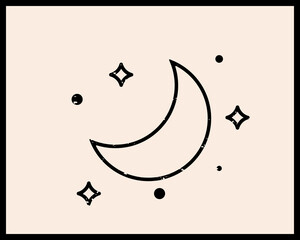 Moon linear logo icon. For cosmetics, beauty, tattoo, spa, manicure, jewelry store. Antique style hand drawn art moon. Boho chic tattoo design.