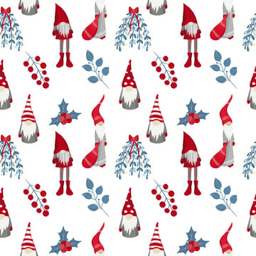 Christmas scandinavian trolls and winter floral elements seamless pattern, hand drawn on a white background