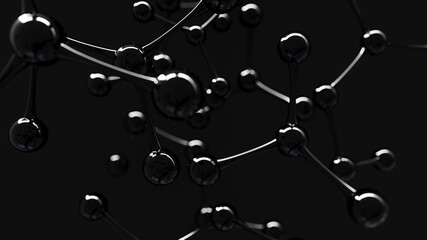 Abstract molecules design. Black atoms. Abstract background for chemistry science banner or flyer. Science or medical background. Black molecule 3d rendering illustration.