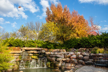 Fototapeta na wymiar Waterfall in park in autumn with park bench and pretty foliage and a leaf flying through the air