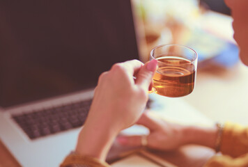 Young woman holding credit card and using laptop computer. Online shopping concept