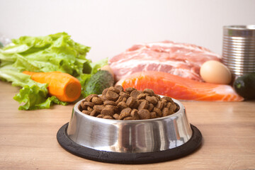 Dry pet dog food with natural ingredients. Raw meat, fish, vegetables, eggs and salad near bowl with dry pet feed. concept of a correct balanced and healthy nutrition for pet