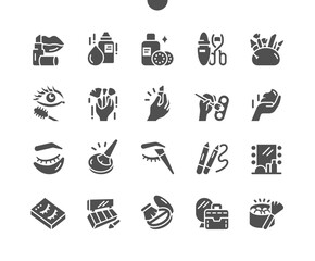 Decorative cosmetics and makeup brushes. Lipstick, mascara, eye patches, cream and powder. Beauty products. Vector Solid Icons. Simple Pictogram