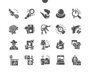 Private detective. Confidential documents, magnifying glass and hat. Secret documents investigation concept. Vector Solid Icons. Simple Pictogram