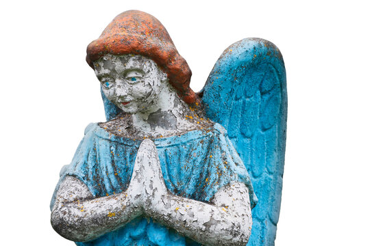 Old stone angel painted with paints. Primitivism style. White background (death concept)