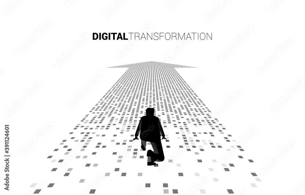 Aufkleber silhouette of businessman in ready position on the arrow from pixel. concept of digital transformati
