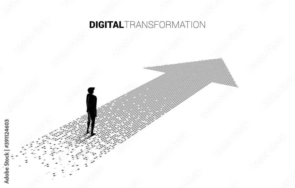 Poster silhouette of businessman standing on the arrow from pixel. concept of digital transformation of bus