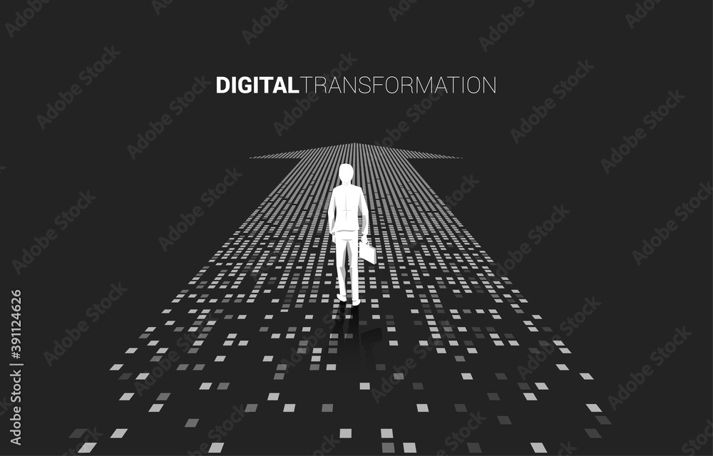 Poster Silhouette of businessman standing on the arrow from pixel. concept of digital transformation of business.