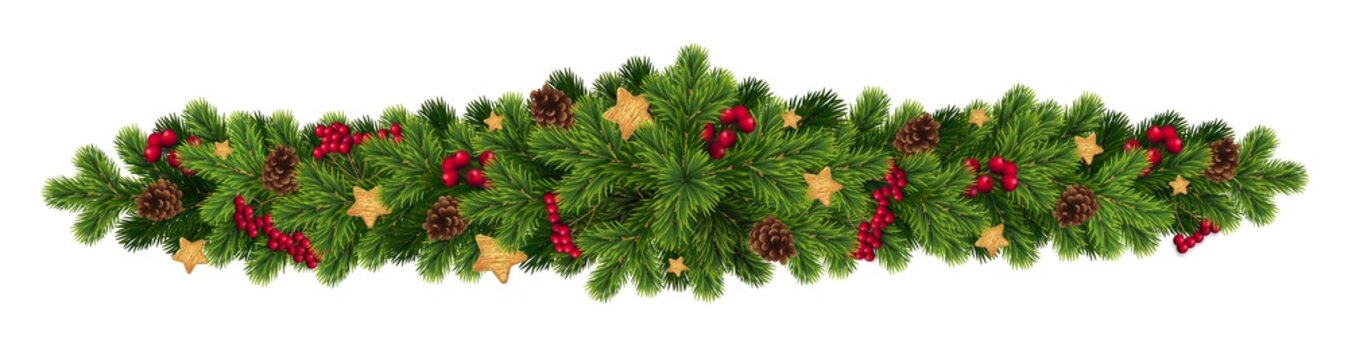 Christmas realistic vector template, christmas tree branches, white gift boxes with gold ribbons, cones, cany canes and new year balls, holly berries withmodern trebdy Merry Christmas lettering.