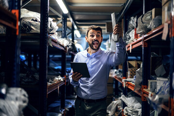 Fototapeta na wymiar Bearded supervisor standing in warehouse in plant, holding tablet and showing to employee box with tools.