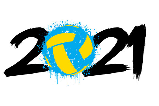 Abstract numbers 2021 and a volleyball ball from blots. 2021 New Year on an isolated background. Design pattern for greeting card. Grunge style. Vector illustration