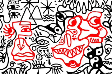 Black and white pattern on a white background with highlighted red cartoon faces, abstract design	
