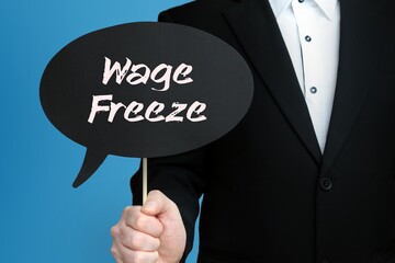 Wage Freeze. Businessman holds speech bubble in his hand. Handwritten Word/Text on sign.
