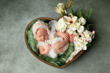 first photo shoot. newborn child. newborn.  the child lies in the  heart. newborn girl
