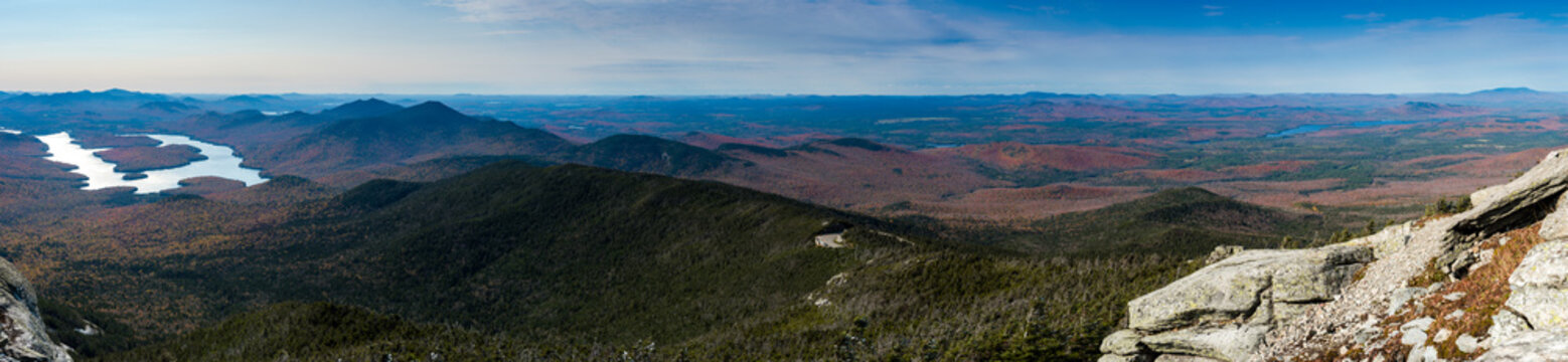 Panoramic view of Lake placid and Mc Kenzie wilderness from top of Whiteface mountain