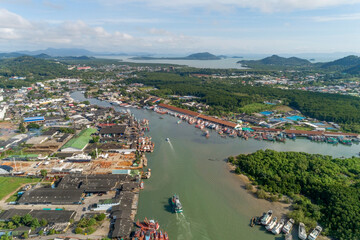 Fototapeta na wymiar Aerial view of Phuket Fishing port is the largest fishing port Located at koh siray Island Phuket Thailand.