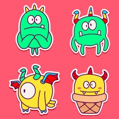 kawaii doodle cartoon monster designs for wallpaper, stickers, coloring books, pins, emblems, logos and more