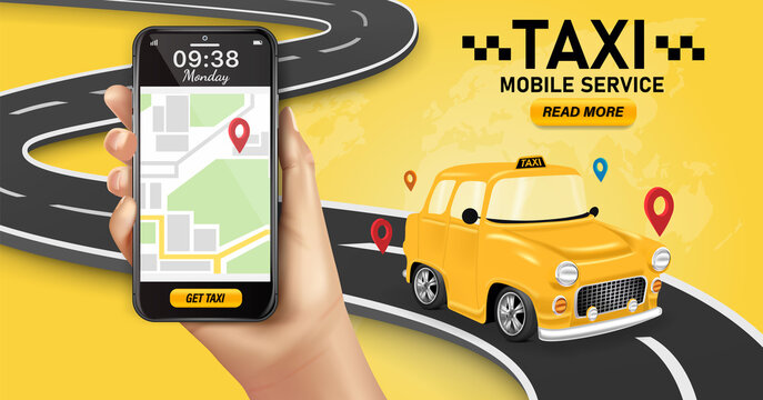Taxi service. Online mobile application order taxi service illustration.Taxi services mobile app website. yellow cab illustration.Vector taxi mobile app icon Includes smartphone with yellow taxicab.