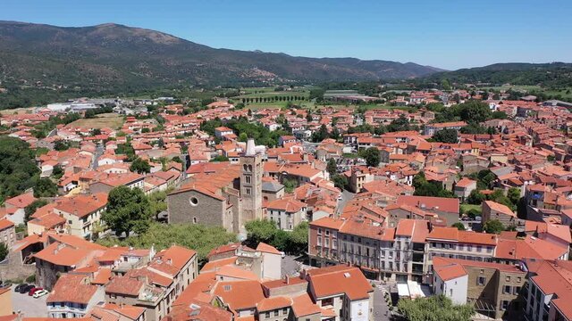 Panoramic aerial view of Prades cityscape with buildings and streets, Tarragona, Catalonia, Spain. High quality 4k footage