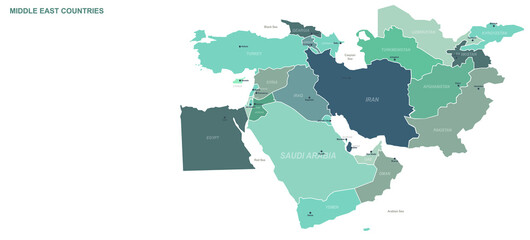 Middle East Countries map. Detailed world Map Vector with Country,Capital,City Names.