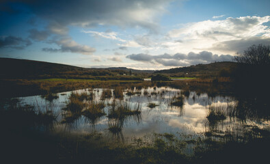 Flooded Lough Allua lake at sunset. southwest ireland. A lake lying on the river Lee which flows into Cork.	