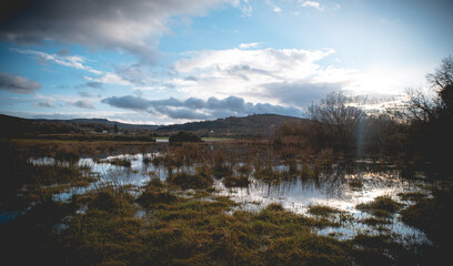 Flooded Lough Allua lake at sunset. southwest ireland. A lake lying on the river Lee which flows into Cork.	