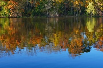 Colorful autumn foliage reflecting in the water in New Jersey, United States