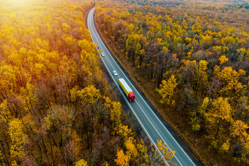 Cargo delivery. Sunset. white truck with red cockpit drives on an asphalt road through the autumn forest. cargo transportation.
