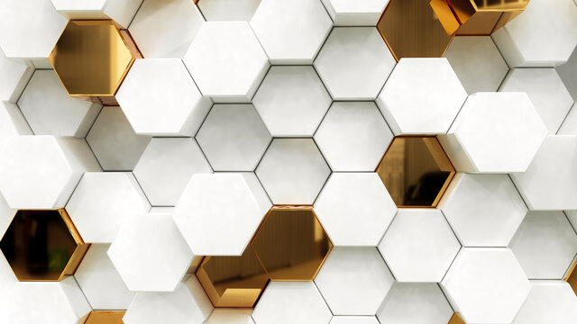 Fototapeta Abstract white luxury background with golden hexagons. 3d rendering.