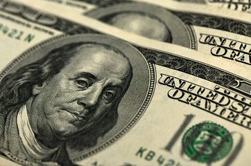 Dollars closeup. United States dollar cash money. One hundred dollar banknotes, currency exchange, bribe, investment, stock exchange concept.