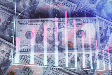 Fototapeta premium Multi exposure of forex chart drawing over us dollars bill background. Concept of financial success markets.