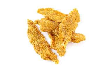group of dried chicken tenders, chicken jerky, dog treats on white background