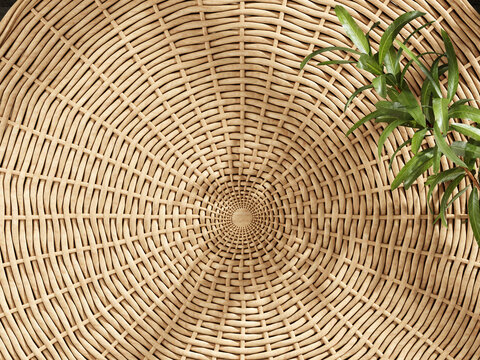 Natural cosmetic product display. Wicker basket with leaves, 3d illustration