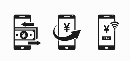 mobile phone payment icon set. smartphone and japanese yen sign. nfc payment and mobile money transfer symbols