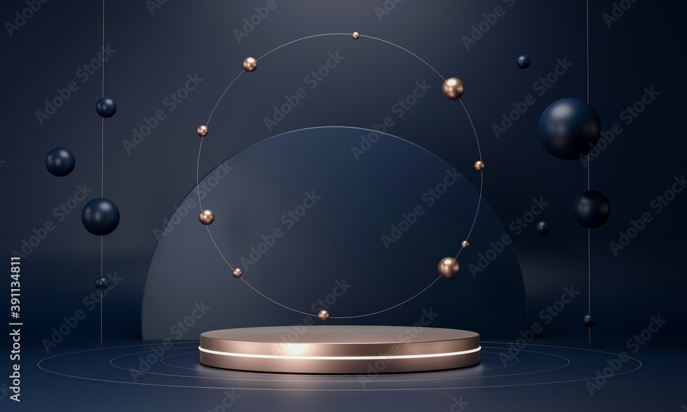 Poster 3d rendering round podium geometry with gold elements. abstract geometric shape blank dark blue podi