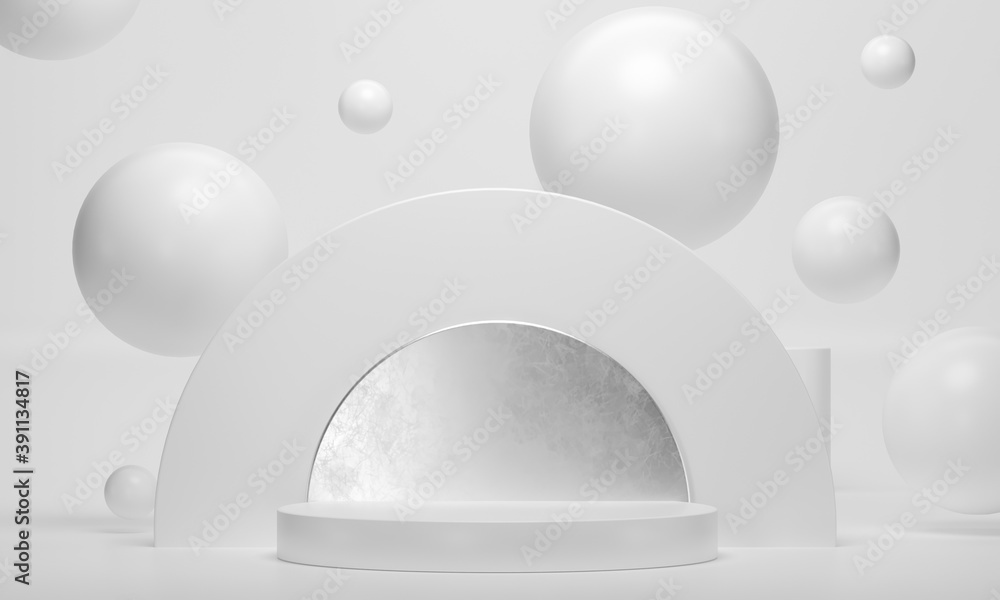 Poster 3d rendering round white podium geometry with gold elements. abstract geometric shape blank podium. 
