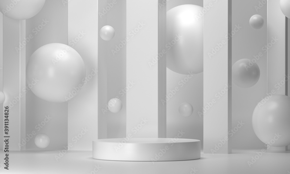 Poster 3d rendering round white podium geometry with gold elements. abstract geometric shape blank podium. 