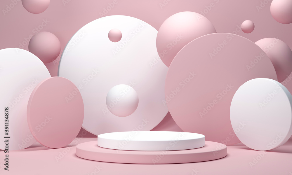 Aufkleber 3d rendering round podium geometry with gold elements. abstract geometric shape blank pastel podium.