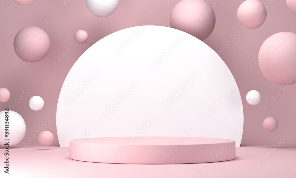 Poster 3d rendering round podium geometry with gold elements. abstract geometric shape blank pastel podium.