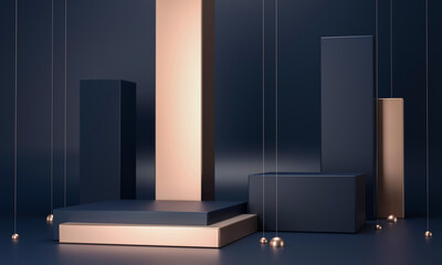 3D rendering podium geometry with gold elements. Abstract geometric shape blank podium. Scene for product presentation. Empty showcase, pedestal platform display.