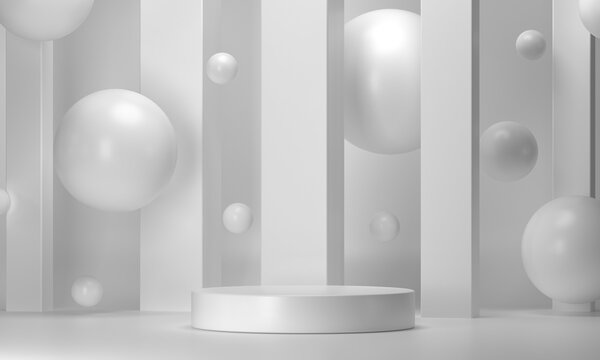 3D rendering round white podium geometry with gold elements. Abstract geometric shape blank podium. Scene for product presentation. Empty showcase, pedestal platform display.
