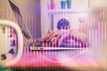 Double exposure of woman hands typing on computer and forex chart hologram drawing. Stock market invest concept.