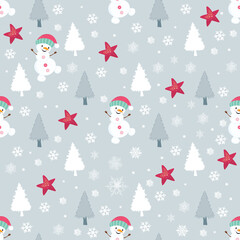 Christmas seamless pattern with snowman, christmas trees and stars a bright grey background for New Year, Christmas holiday, wallpaper, wrapper, background
