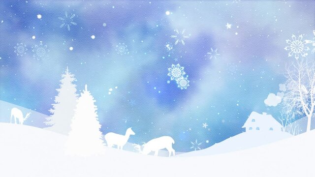 Winter Landscape with Watercolor Sky 4K loop features a landscape with white silhouettes against an animated watercolor sky with animals and snow falling in a loop