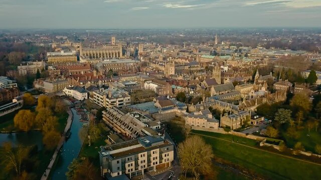 Aerial view of the Cambridge University campus and Cambridge town. 