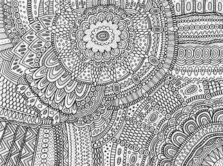 Floral ornament with flowers and leaves. Doodle shamanic coloring page for adults. Abstract trippy pattern. Psychedelic art. Vector artwork