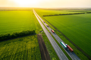serval trucks whith container  driving on asphalt road along the green fields.drone photography. ...
