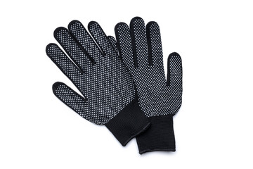 black textile worker gloves isolated on a white background. above view. studio shot. handyman protective equipment